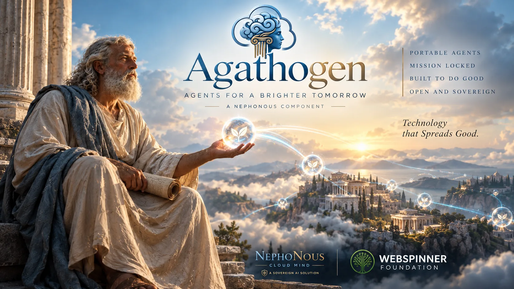 Agathogen — a small robot cradling a light in its hands, surrounded by people planting seedlings on a hillside between old forest and a green city at sunrise. The plate reads: a new kind of AI agent. Built not to harm. Built to do good.